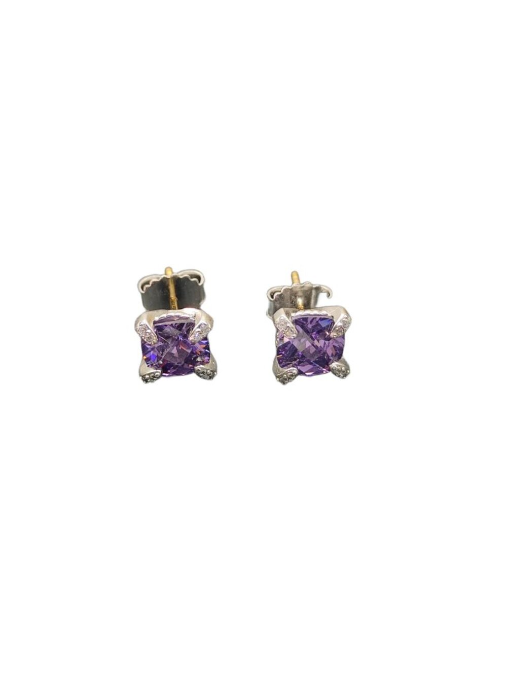 David Yurman four-prong earrings with a main stone and purple diamond. - Picture 4 of 4